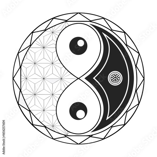 Yin yang symbol with geometric pattern representing balance and harmony in taoism philosophy