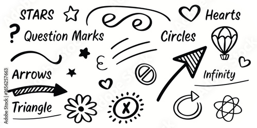 Hand Drawn Doodle Icons Stars Hearts Arrows Question Marks Hot Air Balloon handdrawn drawing