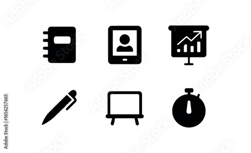 flat black solid icon items isolated on white background learning coach (tools): notebook tablet chart pen board timer
