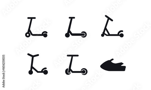 flat black solid icon items isolated on white background finned scooter (types): kick electric foldable freestyle threewheel seadoo