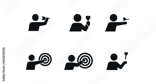 flat black solid icon items isolated on white background dart throw (actions): aiming gripping releasing scoring retrieving balancing
