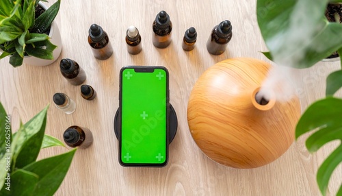 Smartphone mockup with essential oils and diffuser on a wooden table.