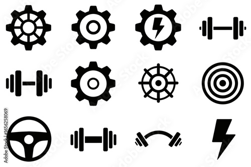 Collection of fitness and gear icons symbolizing strength training and engineering concepts