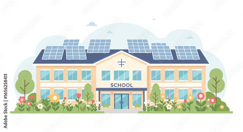 Fototapeta premium A modern school building with solar panels on its roof, surrounded by green trees and colorful flowers, illustrating sustainable education.