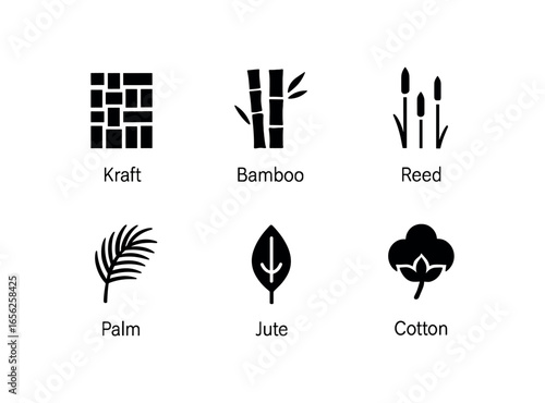 flat black solid icon items isolated on white background paper weave panel (materials): kraft bamboo reed palm jute cotton