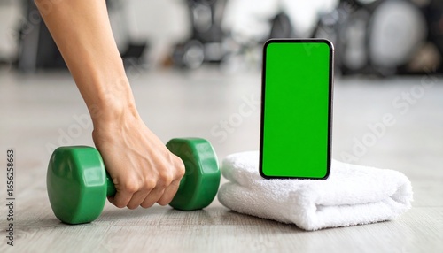Woman's hand holding a green dumbbell next to a smartphone with a green screen mockup for a fitness app in a gym.