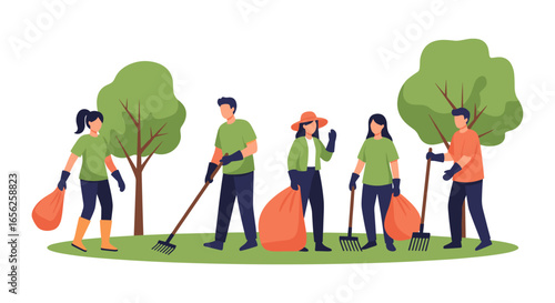 Volunteers are cleaning up the park, collecting trash and debris with rakes and bags to improve the environment and maintain a clean public space.