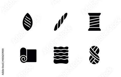 flat black solid icon items isolated on white background fiber (wool): strand twist spool roll ply skein