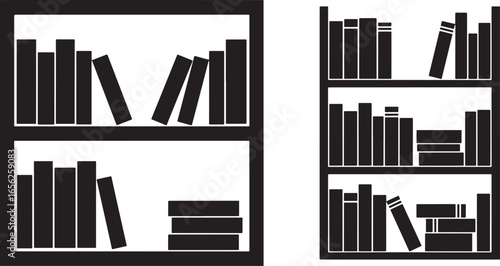 Two black bookshelves filled with books silhouette
