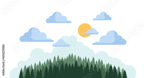 A serene flat design illustration depicts a lush green forest under a bright sun and fluffy clouds, symbolizing nature's tranquility.