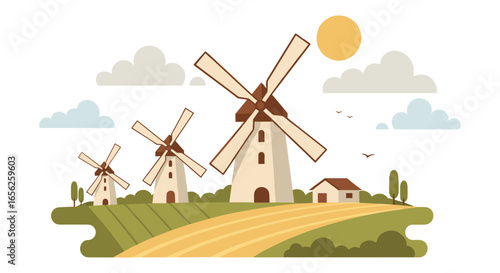 Three vintage windmills stand on a sunny hillside overlooking a farmhouse and fields, creating a picturesque rural landscape, ideal for travel and tourism websites or publications.