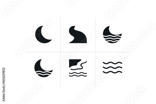flat black solid icon items isolated on white background water (oxbow pond): curve bank inlet sandbar shore water