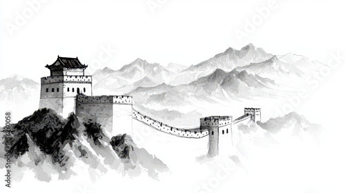 Stunning ink drawing of majestic ancient structure, showcasing Great Wall of China against backdrop of mountains. artwork captures intricate