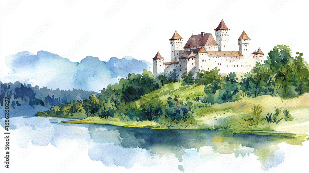 Obraz premium Beautiful watercolor painting of castle surrounded by lush greenery and serene lake, evoking sense of tranquility and wonder