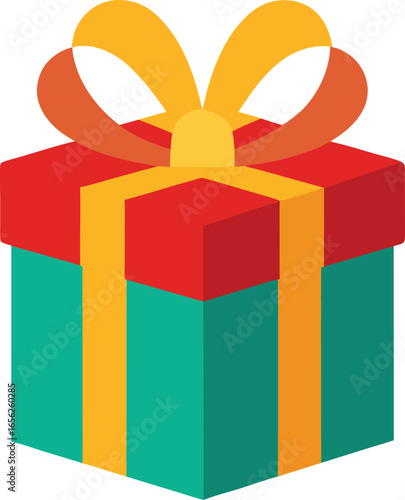 Vector art of a festive gift box with a red lid, teal base, and yellow ribbon and bow