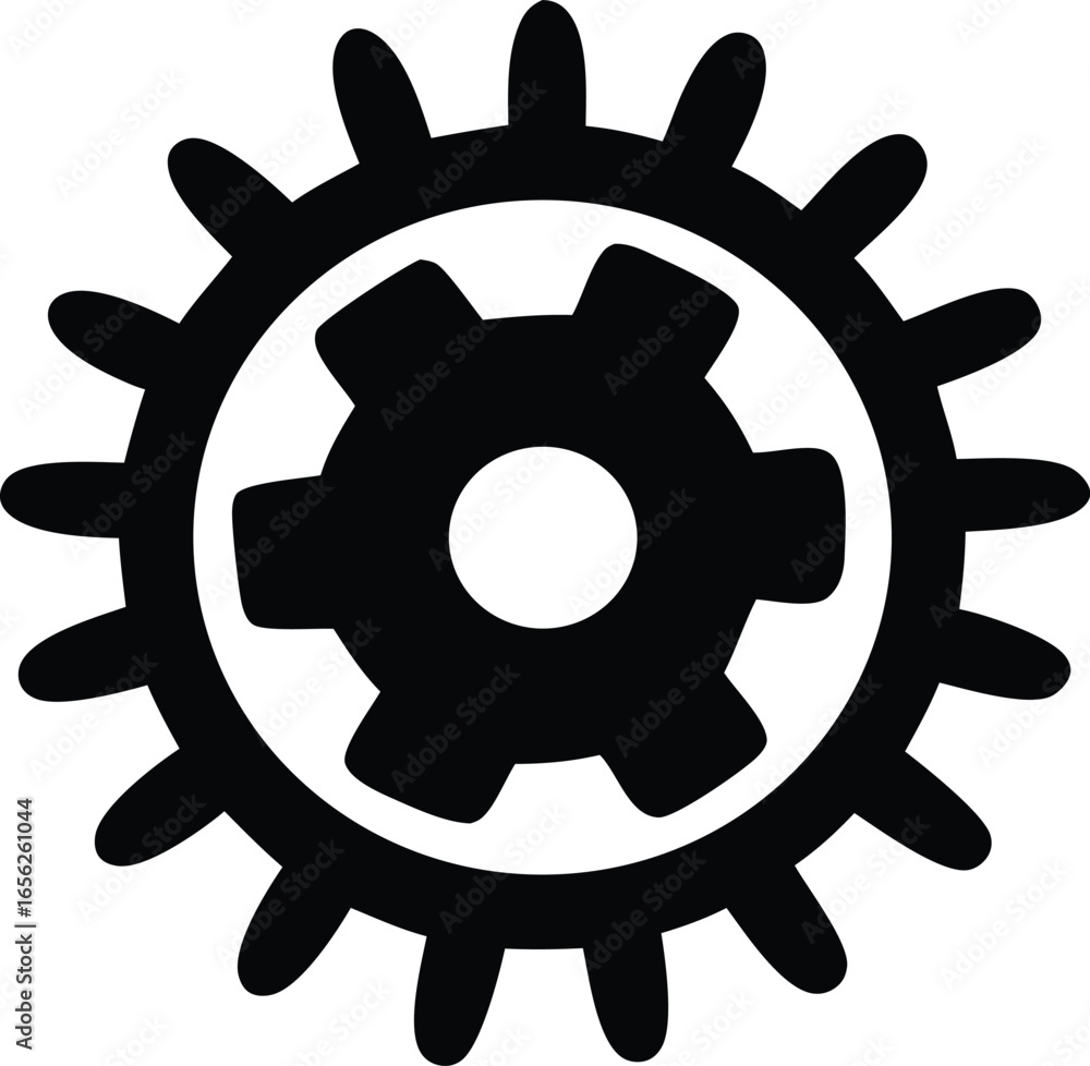 Obraz premium A stark black silhouette of two interlocking gears one with many outer teeth and a smaller inner gear symbolizing mechanical connection and industry