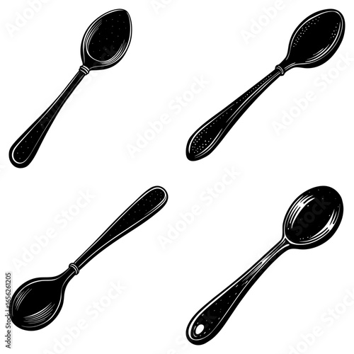 Illustration showing a set of four spoons with detailed shading and varying orientations on white background