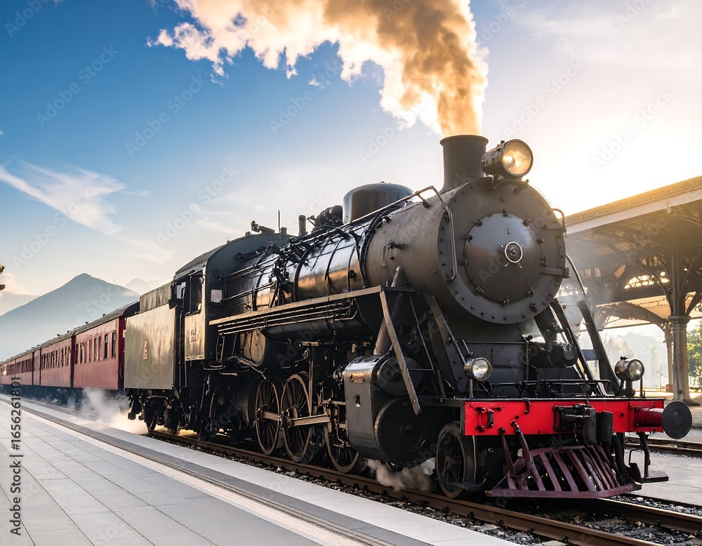 Fototapeta premium Vintage steam train at a mountain station