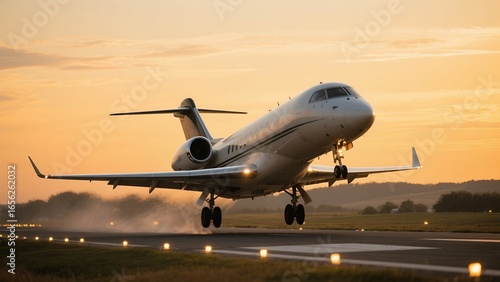Private Jet Taking Off During Sunset on Runway