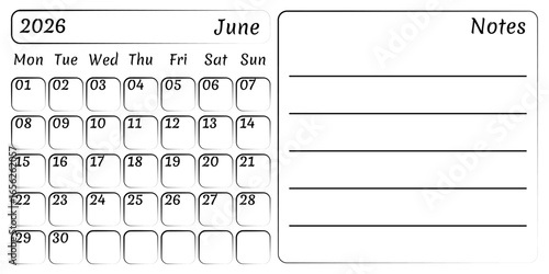 Summer calendar June 2026 place for printing and notes. Vector, convenient editable template for printing. Isolated viewed calendar in flat style. Possibility to add reminders, notes, plans and habits