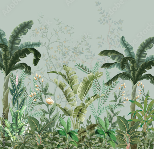 Tropical Garden Wall Mural Illustration, Tropical Garden Wallpaper, Plam Tree, Watercolor Background,