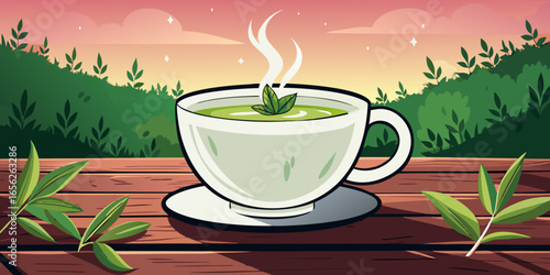 A white ceramic cup filled with steaming green tea, decorated with burlap and fresh tea leaves, placed on a rustic wooden table with sunlight shining pink foliage.