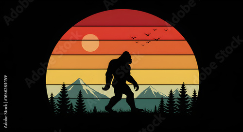 A vibrant graphic poster depicting a striking Bigfoot silhouette against a dramatic mountain landscape. 