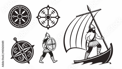 Collection of viking ship, compass and warrior