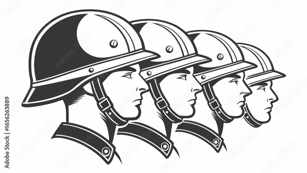 Fototapeta premium Fireman team in engraving style, side view