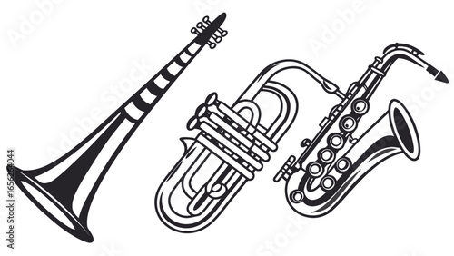 Illustration of a clarinet, trumpet, and saxophone