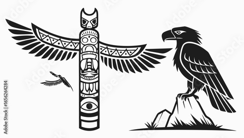 Native american totem pole and eagle, vector illustration