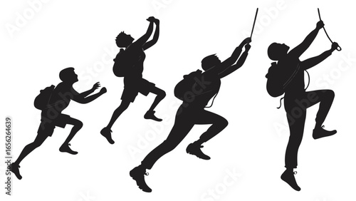 Silhouette of a man climbing, jumping, and hiking
