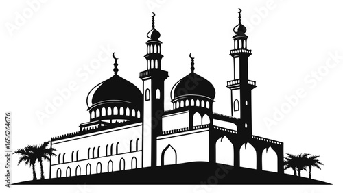 Silhouette of a mosque with palm trees