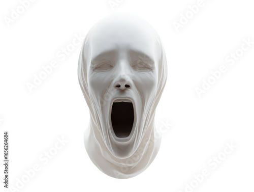 Monochromatic sculpture of a screaming face wrapped in tight stretched fabric.