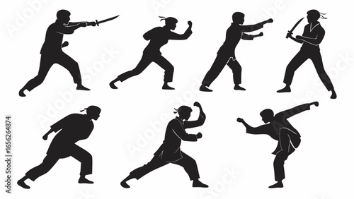 Silhouette of martial art fighters in various poses