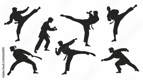 Silhouette of martial art fighters in various fighting poses on