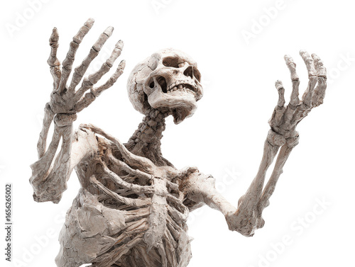 Expressive weathered skeleton sculpture with cracked skull and raised arms in a dramatic pleading pose.