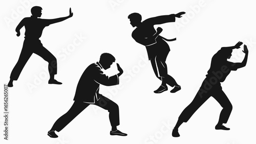 Silhouettes of martial art fighters in various poses