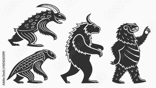 Silhouettes of various mythical creatures and monsters on