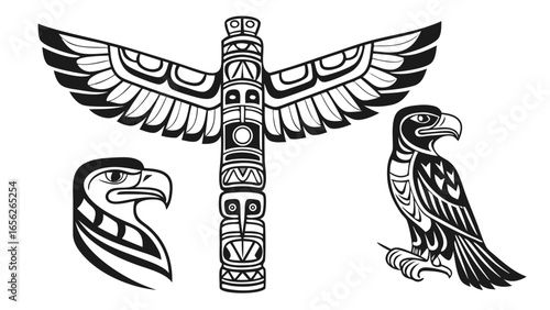 Three native american totem poles