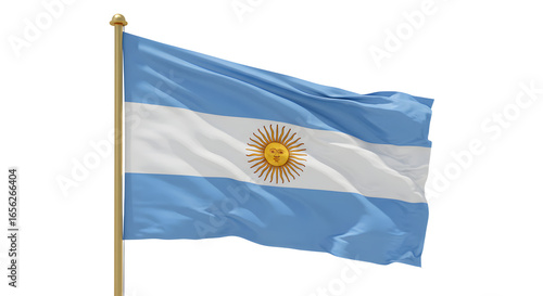 Argentina national flag waving on flagpole isolated on white background, symbol of patriotism and country identity