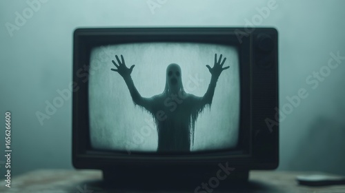 Vintage TV screen with static showing a ghostly figure reaching out from the screen towards the viewer