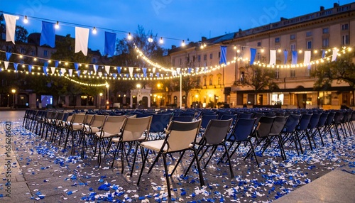Outdoor event space at dusk with rows of chairs, string lights, and blue and white decorations, ready for a gathering.