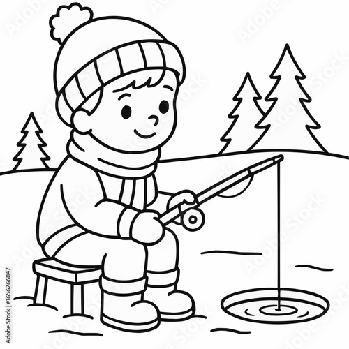 Coloring page for kids - Young boy fishing on ice in winter with trees in background  