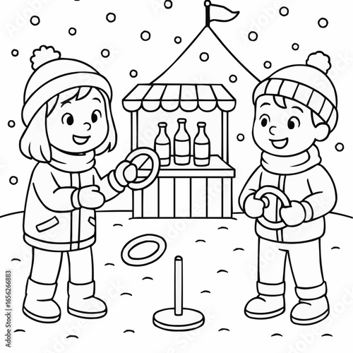 Coloring page for kids - Children playing ring toss game in winter wonderland scene  
