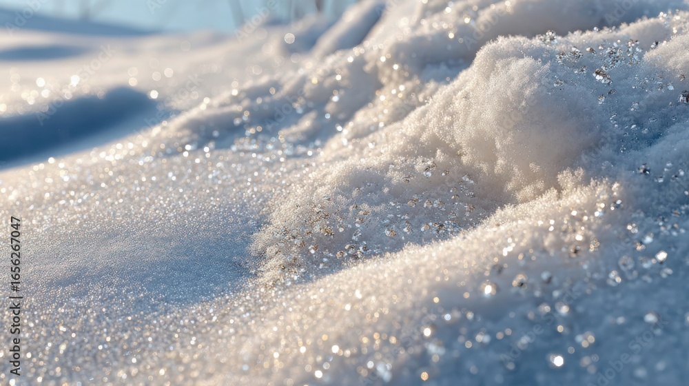 Naklejka premium Closeup of sparkling fresh snow with soft texture and sunlight reflections creating magical winter atmosphere and shimmering cold beauty