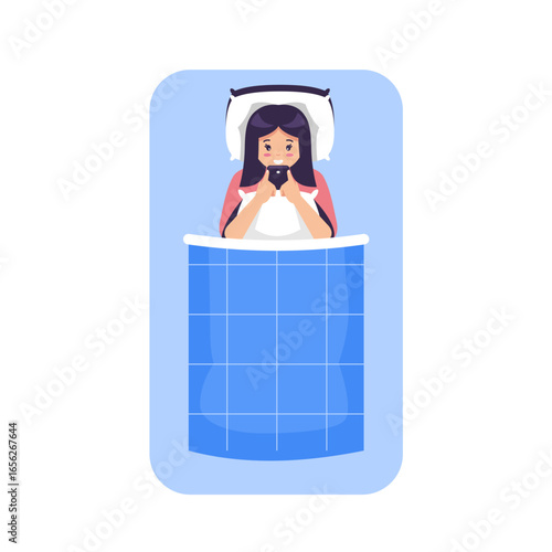 young woman sleep on bed and playing smartphone, teenage habits of chatting before bed
