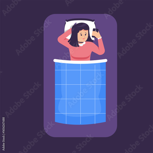 young woman sleep on bed and playing smartphone, Teenagers' habit of watching videos before bed