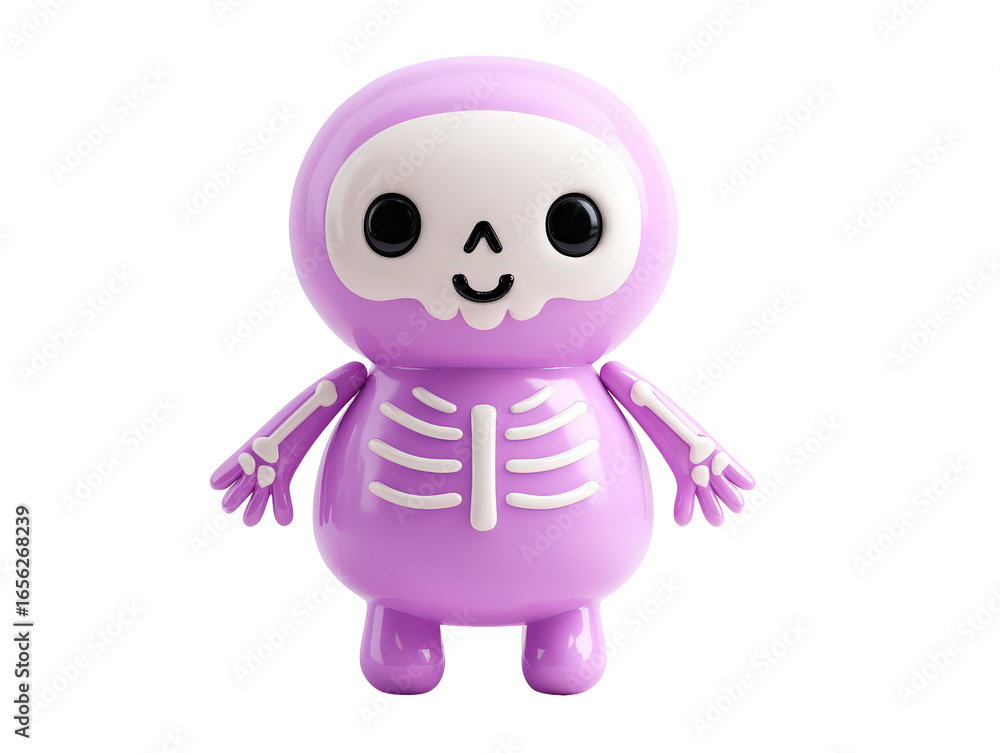 Fototapeta premium Adorable purple skeleton character figurine with a white skull face and happy expression.