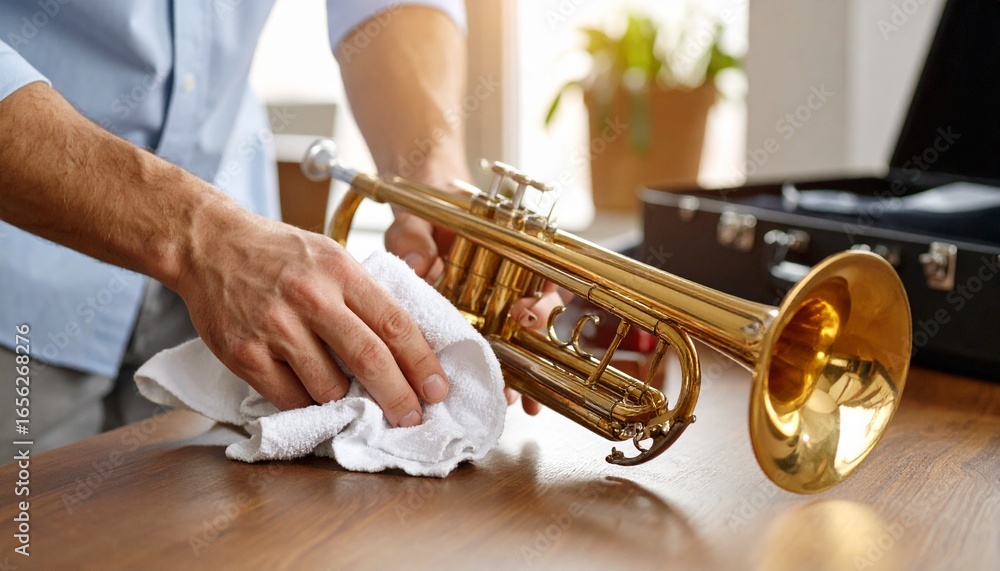 Obraz premium A person carefully polishing a shiny brass trumpet with a white cloth on a wooden table.
